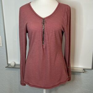 Ounaya Rose Pink Ribbed Front Zip V-Neck Long Sleeve Knit Henley Top XL